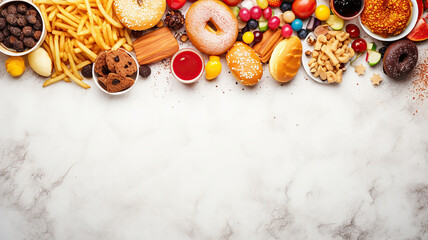 Junk food items spread across a white marble backdrop