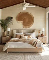 The modern interior of the bedroom with bed and vanity tones white cream hand-woven home elegant and comfortable.