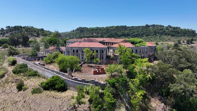 Drone footage of a deserted spookey mansion on a hill by Porto Brandao, south of Lisbon.