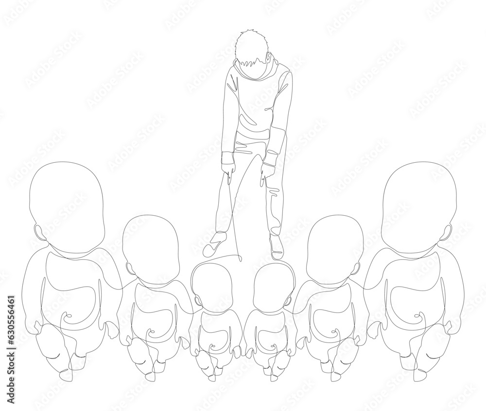 Poster one continuous line of man pointing with finger at baby. thin line illustration vector concept. cont