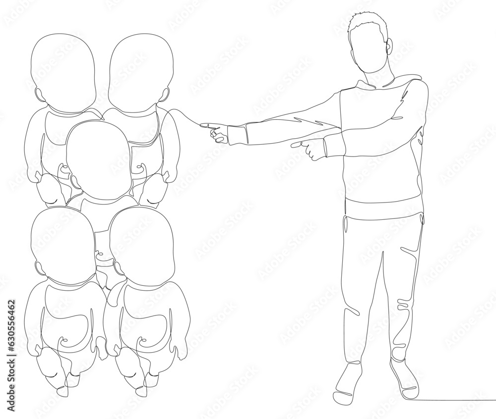 Poster one continuous line of man pointing with finger at baby. thin line illustration vector concept. cont