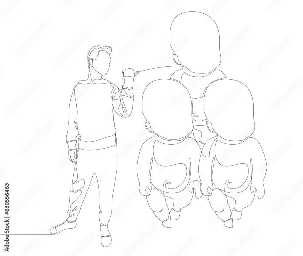 Poster one continuous line of man pointing with finger at baby. thin line illustration vector concept. cont