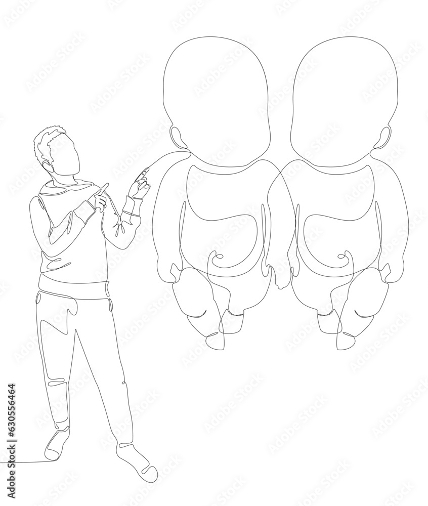 Poster one continuous line of man pointing with finger at baby. thin line illustration vector concept. cont