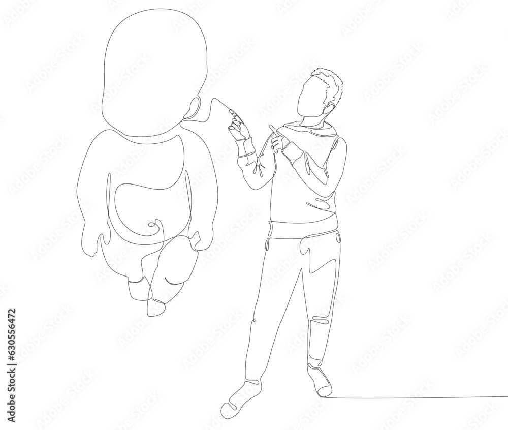 Poster one continuous line of man pointing with finger at baby. thin line illustration vector concept. cont