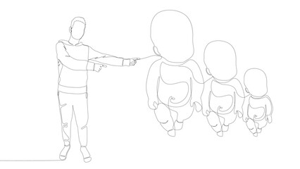 One continuous line of Man pointing with finger at Baby. Thin Line Illustration vector concept. Contour Drawing Creative ideas.