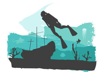 Scuba diving sport concept. Underwater landscape with silhouette of sunken ancient ship. Marine life and fauna. Diver icon. Brush paint backdrop.
