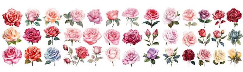 Set of Rose flower soft pink and red mix color Watercolor, Rose flower spring collection of hand drawn flowers , Botanical plant illustration , Rose elegant watercolor ,transparent background, PNG.