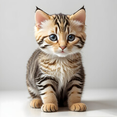 Cute bengal kitten with blue eyes sitting on gray background