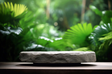Big stone round platform for product presentation in the tropical garden. Natural background.