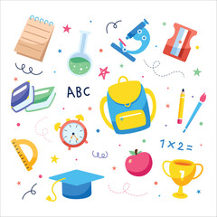 School supplies clip art hand drawn flat vector