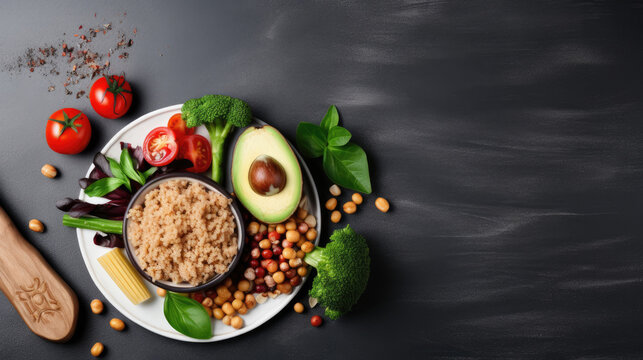 healthy food table on the black background
