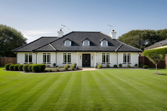 White family house with black pitched roof tiles, and beautiful front yard with green lawn. Outside view