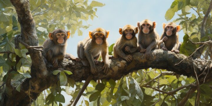 illustration of a group of monkeys hanging on trees in a forest, generative AI