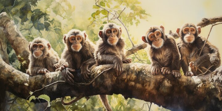 illustration of a group of monkeys hanging on trees in a forest, generative AI