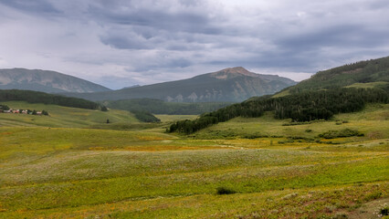 Panoramic view of summer wildflower meadow in the scenic valley near Crested Butte, Colorado on a cloudy day.
