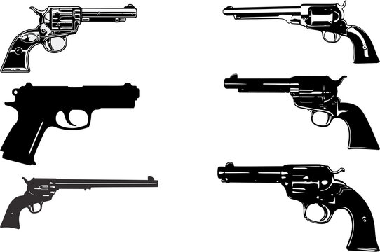 Military weapons and munition flat illustrations set. Collection of pistol, revolver and guns. High resolution images isolated on white background. Stop gun violence poster and banner idea.