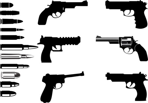  Collection of pistol, revolvers and guns with bullets icon in different style and shapes. High resolution images isolated on white background. Stop gun violence poster and banner idea.