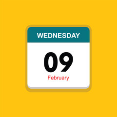 february 09 wednesday icon with yellow background, calender icon