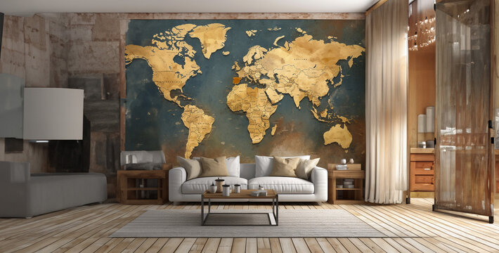 luxury living room and high definition world map on the wall . Generative Ai content