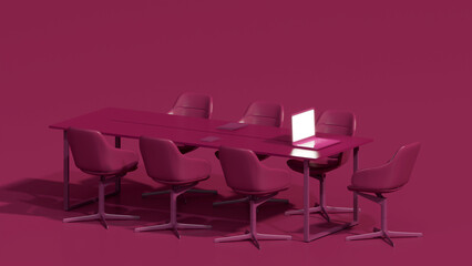 Viva magenta is a trend colour year 2023 in the office. Business teamwork concept. Employee working on computer. There are desktops on the tables.Creative interior design. 3d render	
