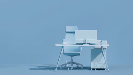 Blue monochrome minimal office table desk. Concept for study desk and workspace with screen desktop. Flat lay style. Mockup template. 3d render	 - obrazy, fototapety, plakaty