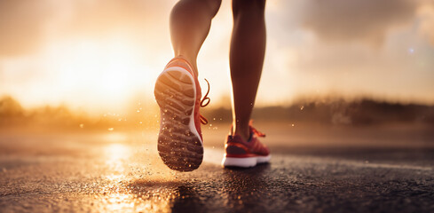 Runner feet running on road closeup on shoe. woman fitness sunrise jog workout welness concept