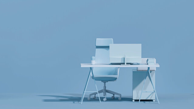 Blue monochrome minimal office table desk. Concept for study desk and workspace with screen desktop. Flat lay style. Mockup template. 3d render	