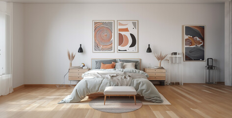 bedroom white poster on wall grey colors mid century style. Generative Ai content