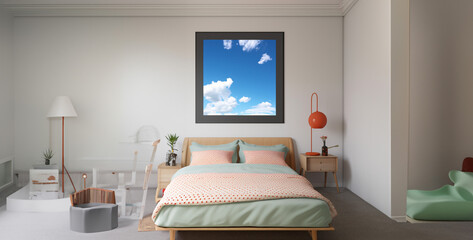 bedroom sky poster on wall grey colors mid century style. Generative Ai content