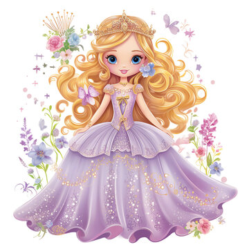 Little Princess watercolor clipart with golden hair, full body illustration with long decorative dress, floral elements. 