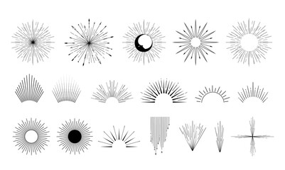 Mystical space bodies - moon, crescent, sun, halo, stars and radiant objects sacred elements black line silhouttes, magic unreal design items set, original hand drawn isolated clip art vector bundle