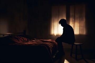 Silhouette depressed man sadly sitting on the bed in the bedroom. Sad asian man suffering depression insomnia awake and sit alone on the bed in bedroom. Depression health people concept. - obrazy, fototapety, plakaty