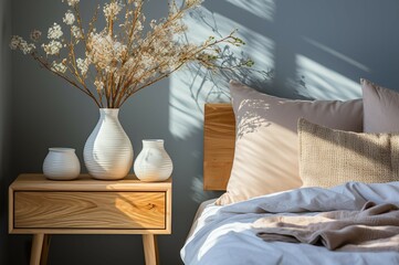 The interior of the flower vase is on the bedside table inside a clean calm room with soft natural light.