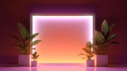 Neon tropical composition with ornamental plants and  rectangle  for mocap. Ai generation