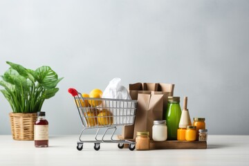Grocery bags full of goods: online grocery shopping and home delivery ideas copy space