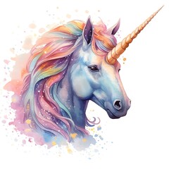 beautiful unicorn with rainbow color isolated on a white background, Watercolor illustration