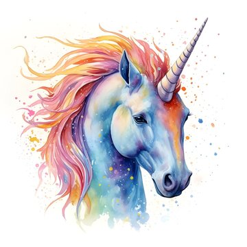 Naklejka beautiful unicorn with rainbow color isolated on a white background, Watercolor illustration