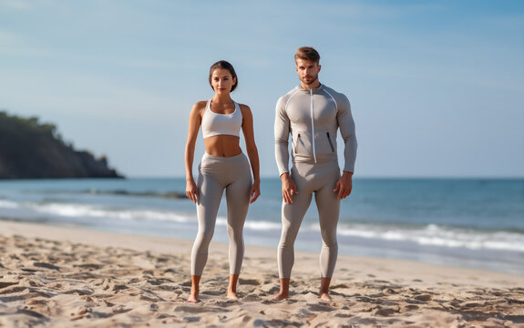 Lower couple young two friend strong sporty sportswoman sportsman woman man in sport clothes warm up training do stretch exercise on sand sea ocean beach outdoor jog on seaside in summer day morning, 