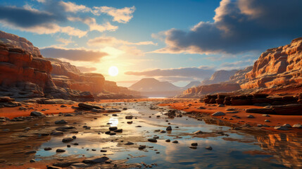 A Peaceful and Serene Scene of a Rocky Canyon on Mars Sunrise over a Red Canyon River AI Generative