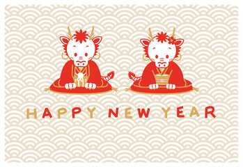 年賀状　2024　令和六年　辰年　龍　和服 　テキストスペース