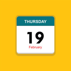 february 19 thursday icon with yellow background, calender icon