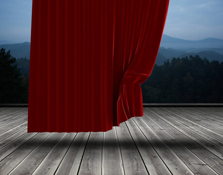 Digital Png Illustration Of Red Curtain Over Landscape On Transparent Background