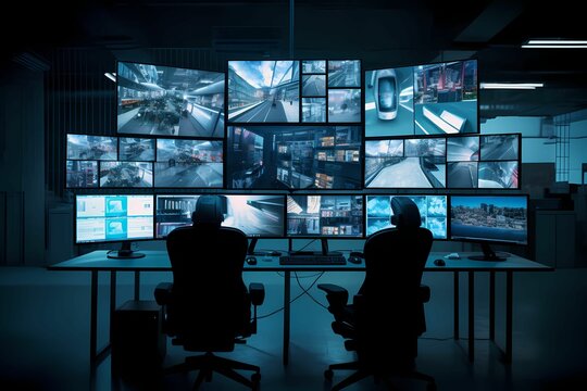 Security Control Room With Multipoke Computer Screens Concept. Man Watches Screen In Security Control Room.