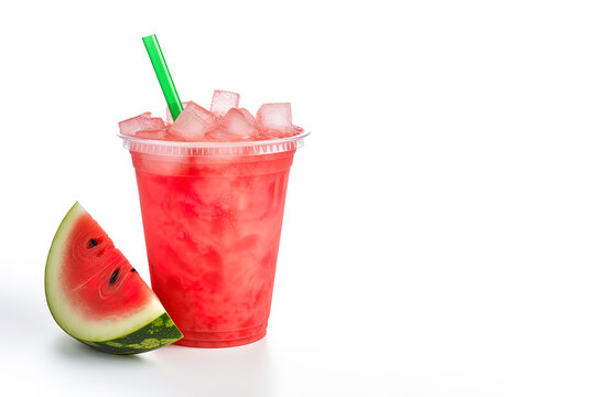 watermelon smoothie in take away cup with watermelon sliced isolated on white background with copy space