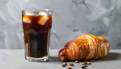 Cold black coffee with ice cubes in tall glass and fresh croissant. Refreshing coffee drink on a...