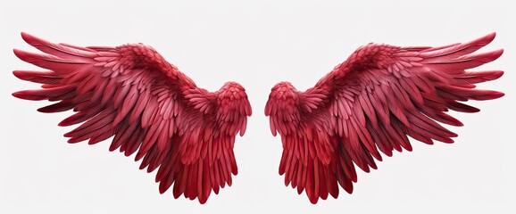Ethereal Red Wings on White Background - Isolated Bird Feathers Illustration - Symbolic Freedom and Flight Concept in Artistic Fantasy Design - obrazy, fototapety, plakaty