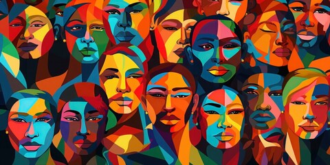 Colorful diverse people crowd abstract art seamless pattern. Multi-ethnic community, big cultural diversity group background illustration in modern collage painting style. Generative AI