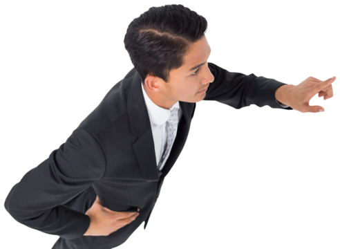 Digital png photo of biracial businessman touching virtual screen on transparent background