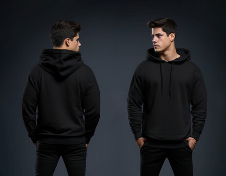 Front and back view of a black hoodie mockup for design print