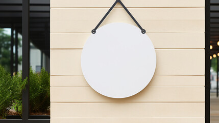 Mockup Hanging circular sign front store